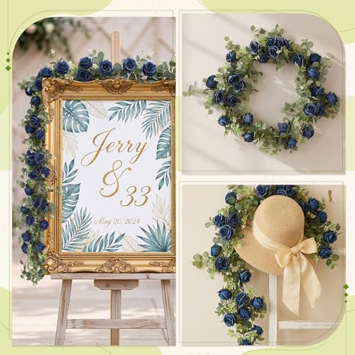 Riceshoot 4 Pcs 26 ft Artificial Eucalyptus Vines Garland with Flowers Faux Floral Greenery Garlands Rose Wreath for Wedding Party Arch Table Decor Backdrop Decorations (Dusty Blue) - Image 5