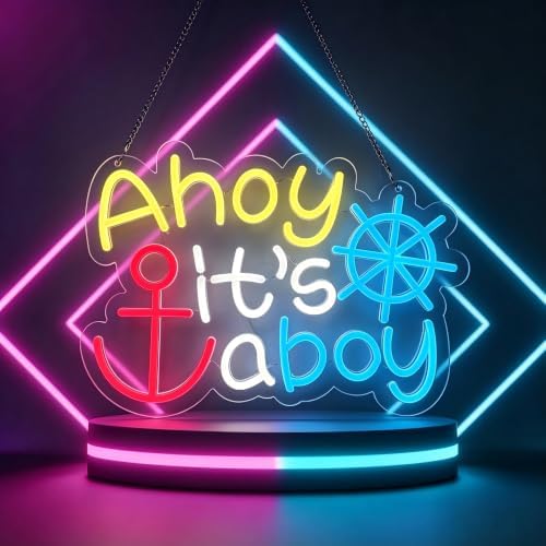 Ahoy It's A Boy Neon Sign with Anchor & Ship Wheel Design, USB LED Wall Light, Nautical Baby Shower Decor for Gender Reveal, Nursery and Party Wall Art by Unknown