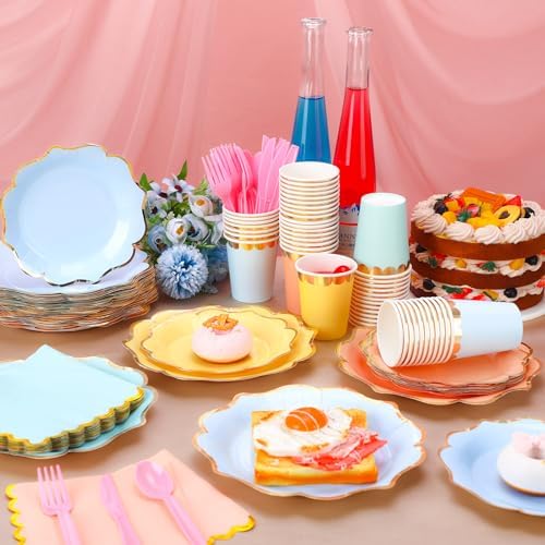 Yaomiao 336 Pcs 48 Guests Pastel Party Plate Set Supplies, Irregular - Image 4