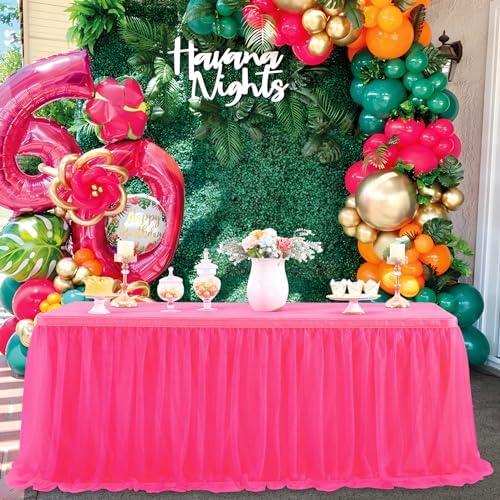 108in Hot Pink Tulle Table Skirts for Rectangle Tables 6/8/4ft, 2-Layer Ruffle Tulle Tutu Fuchsia Cloth Table Skirt 9ft for Barbie Birthday Party Wedding Baby Shower Cake Dessert(No Table Top Cover) - Image 6