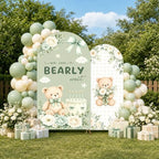 2PCS We Can Bearly Wait Arch Backdrop Covers Sage Green Bear Floral Arched Fabric Banner 7.2ft 6.6ft Bear Theme Cake Bow Arch Stand Cover for We Can Bearly Wait Baby Shower Decorations - Image 4