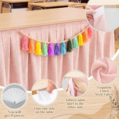 Tingjoo Pastel Pink 9 ft X 30'' Teacher Desk Skirts Linen Textured Desk Tablecloth Skirts Pleated Office Decor Back to School Supplies for Classroom School Office Rectangular Round Table Cover - Image 4