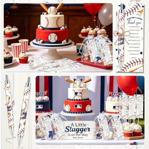 145 Pieces Baseball Baby Shower Favors for Guest Little Slugger is on Way Ballpoint Pens Keychains Gifts for Boys Bulk Retractable Baby Shower Pens Gender Reveal Thank You Cards Souvenir Party Favors - Image 6