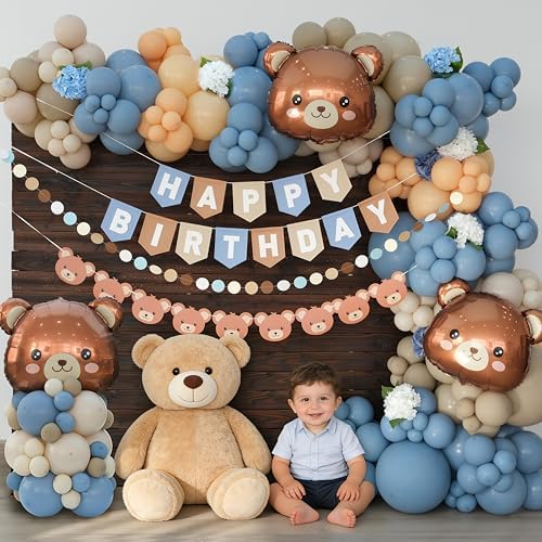 Bear Birthday Balloon Arch Kit for Baby Boy Blue Khaki and Brown Balloons Decorations Set Happy Birthday Banner Bear Theme Decor - Image 3