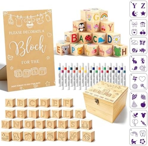 140 Pcs Baby Shower Blocks to Decorate Game Kit Includes Wooden Blocks Markers Game Sign Storage Box for Baby Shower Gender Reveal Activity Party Decorations by Unknown