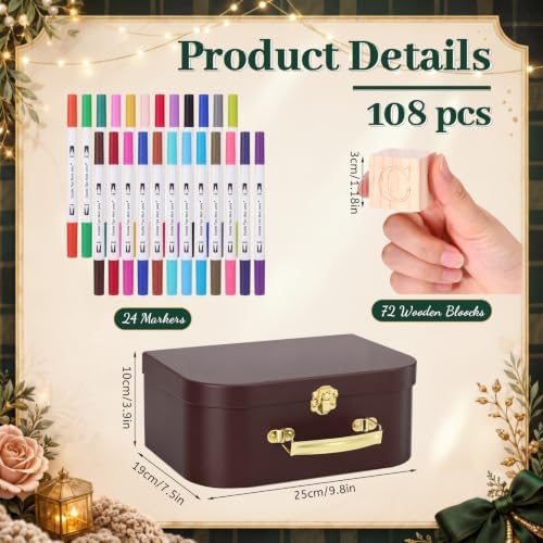Junkin 138 Pcs Tartan Plaids Bear Baby Shower Decoration Blocks to Decorate Game Kit 72 Wooden Blocks 1 Game Sign 40 Paint Templates 1 Suitcase Storage Box 24 Markers for Baby Shower Activity Party - Image 4