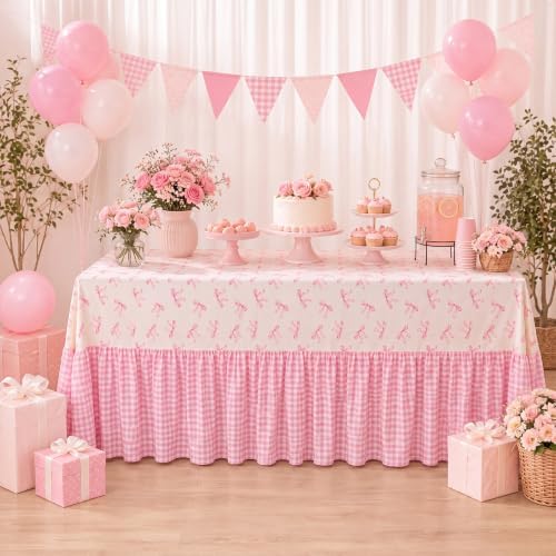 Pink Gingham and Bow Tablecloth Plaid Ruffled Table Skirt, 132 x 90'' - Image 4