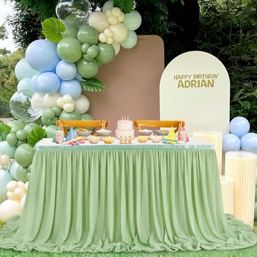 Sage Green Table Skirt 14FT Chiffon Table Skirting 2 Layer Rectangle Green Tablecloth for Birthday Baby Shower Wedding - Image 2