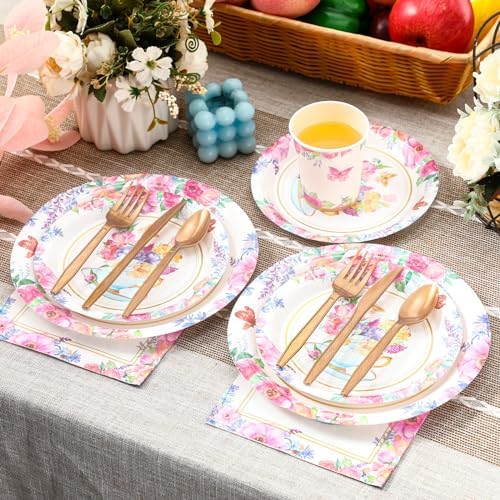 Ziliny 350 Pcs Tea Party Supplies Serves 50 Disposable Paper Plates Napkins Cups Plastic Cutlery Dinnerware Set for Wedding Birthday Baby Shower Tea Party Decoration - Image 6