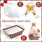 Nuogo 12 Pack Christmas Basket for Gifts Empty 9.8 x 6.5 Inch Bulk Gift Baskets Empty to Fill Cardboard Trays with Basket Bags, Pull Bows for Christmas Holiday Birthday Party Gifts(Plaid Style) - Image 2