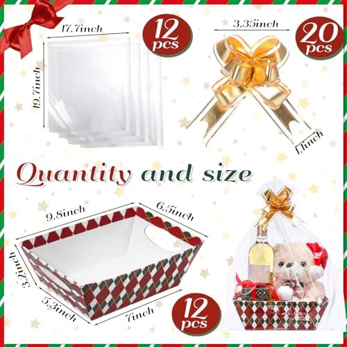 Nuogo 12 Pack Christmas Basket for Gifts Empty 9.8 x 6.5 Inch Bulk Gift Baskets Empty to Fill Cardboard Trays with Basket Bags, Pull Bows for Christmas Holiday Birthday Party Gifts(Plaid Style) - Image 2