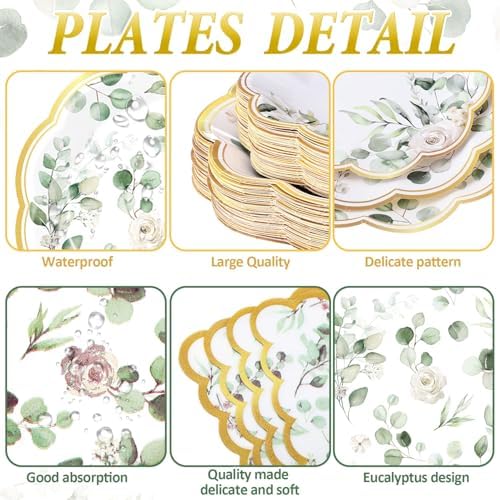 Potchen 452 Pcs Eucalyptus Leaves Plates Napkins Party Supply, Sage Green - Image 3