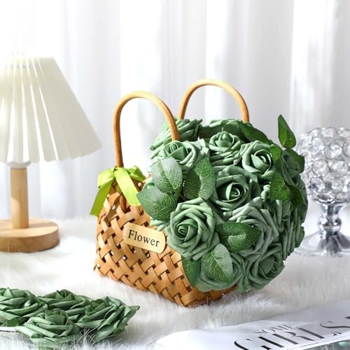 100 Pcs Artificial Foam Rose Flower Faux Bouquet Wedding Fake Rose Gift for Mother's Day Women DIY Bridal Shower Party Table Birthday Home Spring Decor (Elf Green) - Image 3