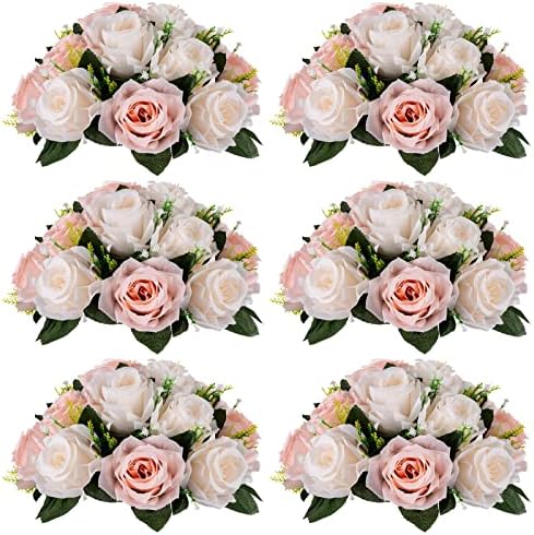 NUPTIO Flower Balls for Wedding Centrepieces - 6 Pcs 9.5in Diameter Artificial Flower Ball Arrangement Bouquet Peachy Pink & Creamy White Fake Rose Flowers Party Centerpieces for Weddings Tables by Nuptio