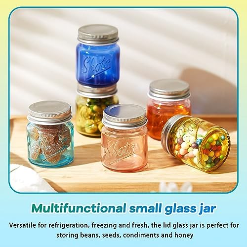 Tessco for you Mini Mason Jar Shot Glasses with Lids 2 oz Dishwasher Safe Mason Canning Jars for Bachelorette Wedding Party Favors Bar Drinks Home Desserts Honey Jam Candy(Fresh Color,72 Pcs) - Image 4