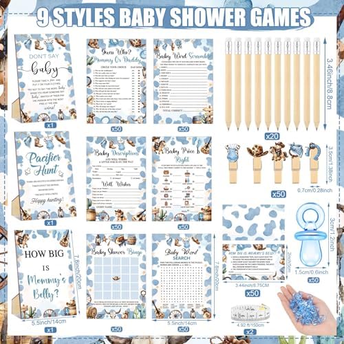 Sherr 476 Pcs Blue Cowboy Baby Shower Game, 9 Styles Baby Shower Activities - Image 3