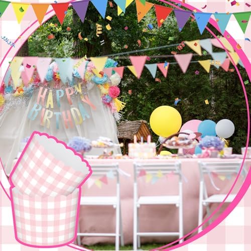 Vesici 150 Pcs Ice Cream Cups Gingham Party Supplies, 10 oz, Pink - Image 4
