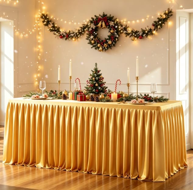 Gold Polyester Table Cloths for Rectangle 6 Foot Tables, 2 Pack Wrinkle Free Tablecloths Stretchy Banquet Ruffle Fitted Table Cover Desk Skirt for Parties Wedding Birthday Baby Shower - Image 2