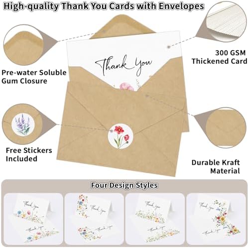 600 PCS Floral Thank You Cards with Envelopes and Stickers, 4 x 6 Inch - Image 3