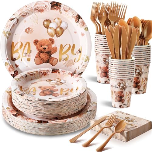 FillTouch 350 Pcs Bear Disposable Plates, Fall Baby Shower Tableware Set by FillTouch