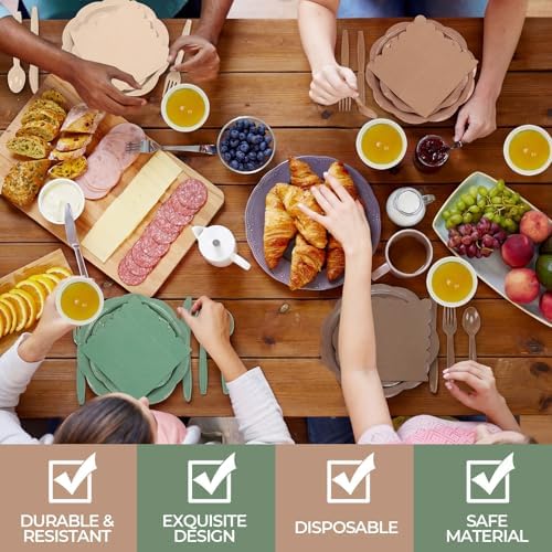 Qinyoung 388 Pcs Woodland Baby Shower Tableware Decorations Include Sage Green Brown Forest Scalloped Plate Paper Napkin Cup Plastic Cutlery for Safari Jungle Neutral Birthday Wedding, Serves 48 - Image 4