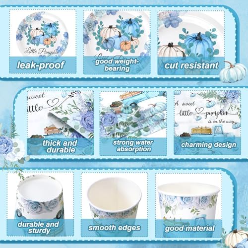 Hsei 250 Pcs Blue Pumpkin Plates Napkins Disposable Baby Shower Party Set - Image 4