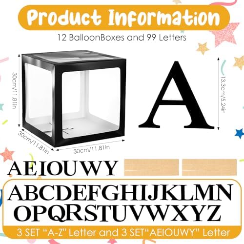 12 Pcs Transparent Balloon Boxes Clear Baby Boxes with 99 Letters for Baby Shower Gender Reveal Grad Birthday Party Bridal Wedding Christmas Anniversary Valentines Backdrop Decoration (Black) - Image 2