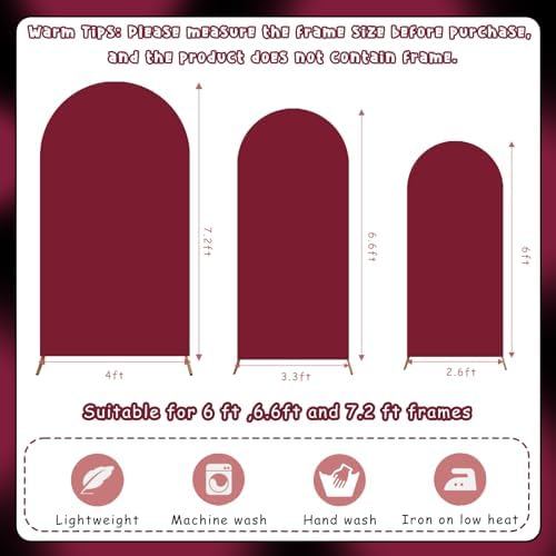 3Pcs Crimson Arch Backdrop Covers(7.2FT/6.6FT/6FT), Spandex Fitted Chiara Arch Stand Covers Backdrops for Wedding Baby Shower Birthday Graduation Photo Booth Props(Only Cover) - Image 5