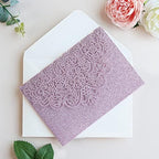 Hosmsua 50PCS Purple Glitter Wedding Invitation Pocket, 5.12 x 7.2 Laser Cut Lace Flora Quinceanera Invitation Pockets with Envelopes for Wedding Bridal Shower Quince Invite (No Inner Sheet) - Image 5