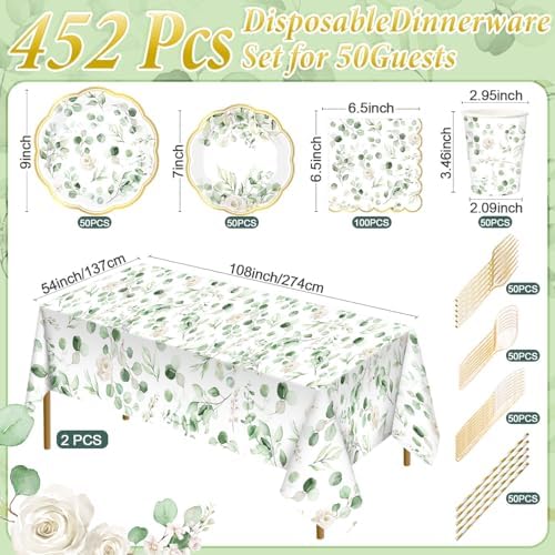 Potchen 452 Pcs Eucalyptus Leaves Plates Napkins Party Supply, Sage Green - Image 2