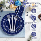 Ciaell 150 PCS Blue and Silver Plastic Plates - Blue Disposable Plate include 50 Plates, 25 Knives, 25 Forks, 25 Spoons, 25 Cups for Weddings & Party - Image 2
