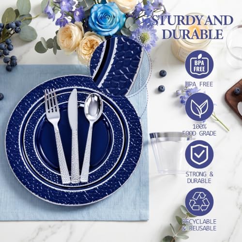 Ciaell 150 PCS Blue and Silver Plastic Plates - Blue Disposable Plate include 50 Plates, 25 Knives, 25 Forks, 25 Spoons, 25 Cups for Weddings & Party - Image 2