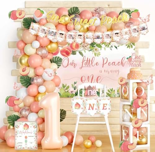 130 PCs One Sweet Peach Birthday Decorations, Fiesec Peach 1st Party Decorations Backdrop Balloon Garland Leaves Monthly Photo Highchair Banner Cake Topper Box Cutout Crown Poster Pastel Peach by Fiesec