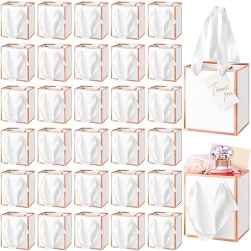 Yeaqee 50 Pcs Mini Paper Gift Bags with Handles Tag, White, Rose Gold by Yeaqee