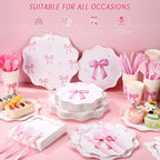 Ziliny 350 Pcs Bow Pink Party Supplies Tableware Set Disposable 9'' 7'' Paper Plates 9 oz Cups Cutlery Napkins Dinnerware Set for 1st Birthday, Serve 50 (Bow, Pink) - Image 4