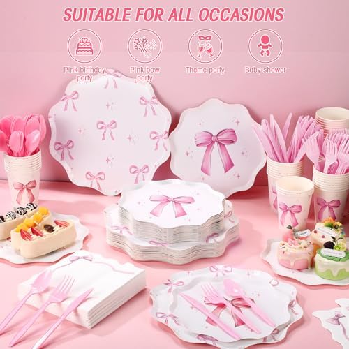 Ziliny 350 Pcs Bow Pink Party Supplies Tableware Set Disposable 9'' 7'' Paper Plates 9 oz Cups Cutlery Napkins Dinnerware Set for 1st Birthday, Serve 50 (Bow, Pink) - Image 4