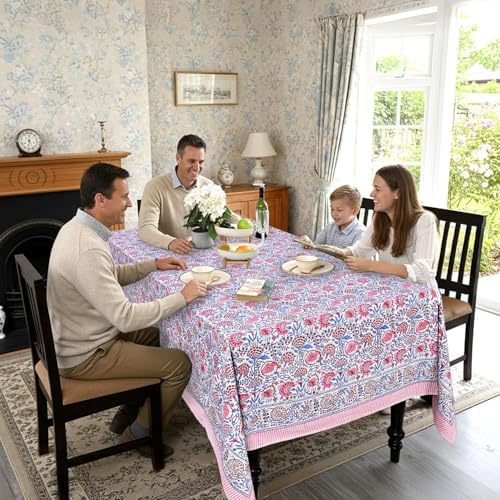 Ridhi Pigeon Blue & Pink Hand Block Print Cotton Tablecloth 108 x 70 Inch - Image 3