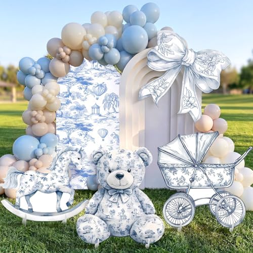 4 Pcs Blue Toile De Jouy Cardboard Cutout Standup Life Size Baby Shower Decorations, Vintage Floral Cardboard Cutouts for Gender Reveal Birthday Party Photo Backdrop Favors by Unknown