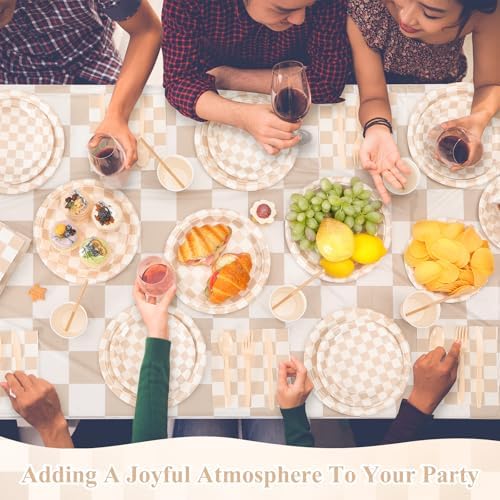 Funnymoom 452 Pcs Beige and Brown Gingham Party Supplies for 50, Beige Checkered Plaid Paper Plates Napkins Cups Tablecloth Cutlery Straws for Picnic Camping Birthday Baby Shower Decoration - Image 5