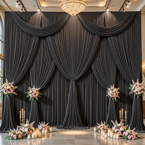 10 Panels Black Backdrop Curtains - Wrinkle Free Fabric Backdrop Curtain for Photoshoot,10ft Wedding Party Photo Backdrop Drapes for Birthday Baby Shower Photography Stage Background Decorations by Shillance