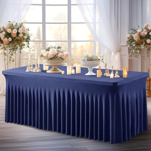 Shillance 2 Packs Navy Blue Spandex Table Covers 6 Foot, Fitted Stretch Table Cloth with Skirts 72x30 Inch, Wrinkle-Free Floor Length Rectangle Tablecloths for Weddings Parties Banquets Events - Image 2