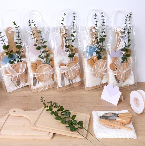 61 Pcs Baby Shower Prizes for Game Winners 6 Sets Bamboo Cheese Board Kit with Spoon Fork Butter Spreaders Plaid Towel Thank You Card for Guests, Housewarming Adult Party Favors (Yellow) - Image 6