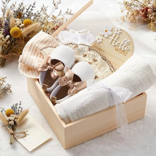 Golray Wooden Baby Gift Basket Newborn Girls Baby Shower Gifts Cloth Set with Bodysuit/Soft Shoes/Socks/Blanket/Bib/Headband/Wood Milestone, New Born Baby Girl Clothes Gender Reveal Gift Stuff - Image 6