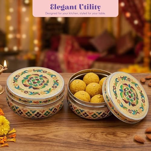 LOVENSPIRE Meenakari Stainless Steel Storage Box with Lid (400gm) Decorative Round Indian Food Container for Sweets, Kitchen Items & Return Gift Favors Pack of 12 - Image 3