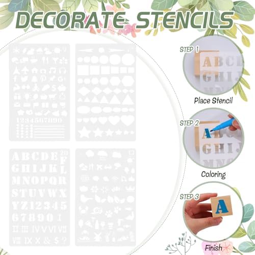 101 Pcs Baby Shower Blocks Games Sets, Baby Coloring Blocks for Baby Shower, 60 DIY 3.5cm Blank-Wooden-Block 4 Large-Stencils 36 Colorful-Marker 1 Decorate-Wooden-Sign, Baby Shower Blocks to Decorate - Image 4