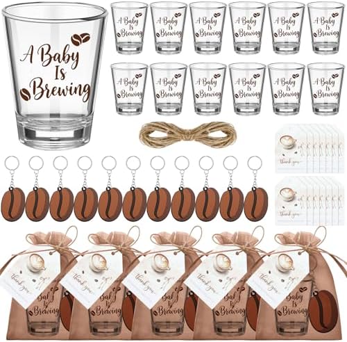 Roshtia 36 Set Coffee Baby Shower Favors for Guests Clear Acrylic Shot Glasses Thank You Tags Keychains Organza Bags Coffee Party Supplies for Girl Gender Reveal Favor by Roshtia
