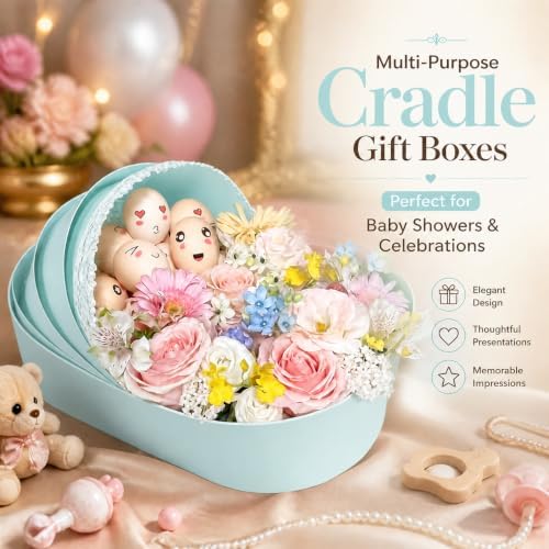 6PCS Baby Shower Box, Baby Carriage Centerpiece Floral Baskets, Crib Basket Cardboard Box, Cradle-shaped Flower Basket Gift Boxs for Celebration Birthday Decor (Blue, 13.19*6.89*3.15 in) - Image 3