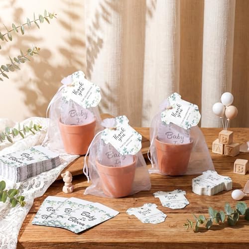 Ctosree 50 Sets Eucalyptus Leaf Baby in Bloom Baby Shower Seed Packets Favors for Guests Include Self Adhesive Seed Packets (No Seeds) Clay Plastic Flowerpot Thank You Tags Hemp Rope Organza Gift Bags - Image 6