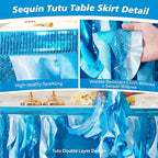 Wish Care 14ft Blue Sequin Table Skirt for Rectangle Tables Fringe Ocean Tutu Skirts Sea Baby Shark Ruffle Tablecloth Teacher Desk Skirt for School Classroom Birthday Baby Shower Party Table Decor - Image 4