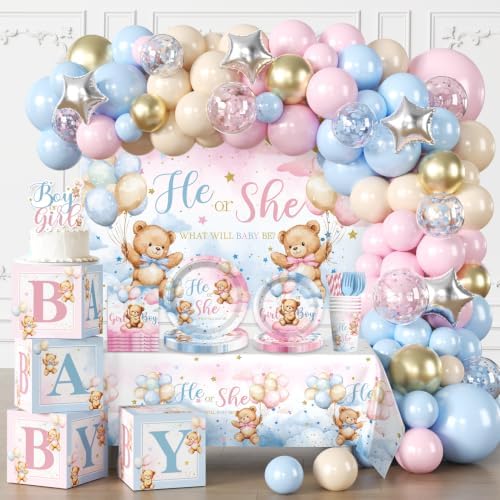 cocomigo 232pcs Bear Gender Reveal Decorations Complete Party Set 20 Guests by cocomigoPartyHome